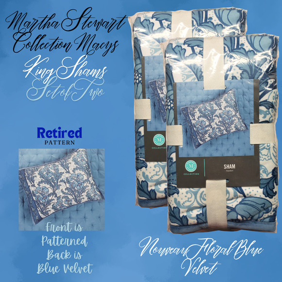 Martha Stewart Macys Nouveau Floral Blue Velvet Set of 2 King Pillow Shams - Picture 2 of 5